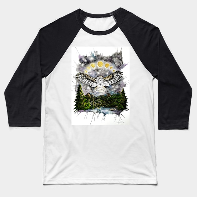 Owl Moonlight Lake Baseball T-Shirt by Gyngr-art